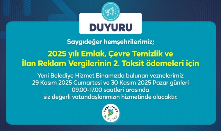 "Yeşilyurt Belediye Vezneleri Hafta Sonu Hizmet Verecek"
