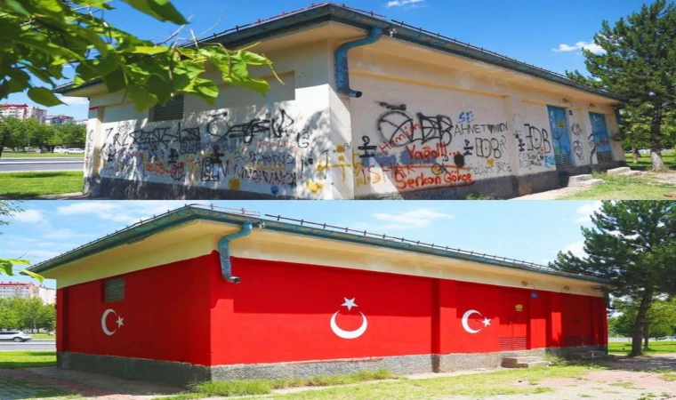 Grafitilerle Kaplı Trafo Binası, Türk Bayraklarıyla Güzellendirildi